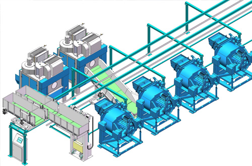 該模式適應(yīng)大批量洗滌方式，它是利用中央控制系統(tǒng)和物流系統(tǒng)把單個的機器連接起來